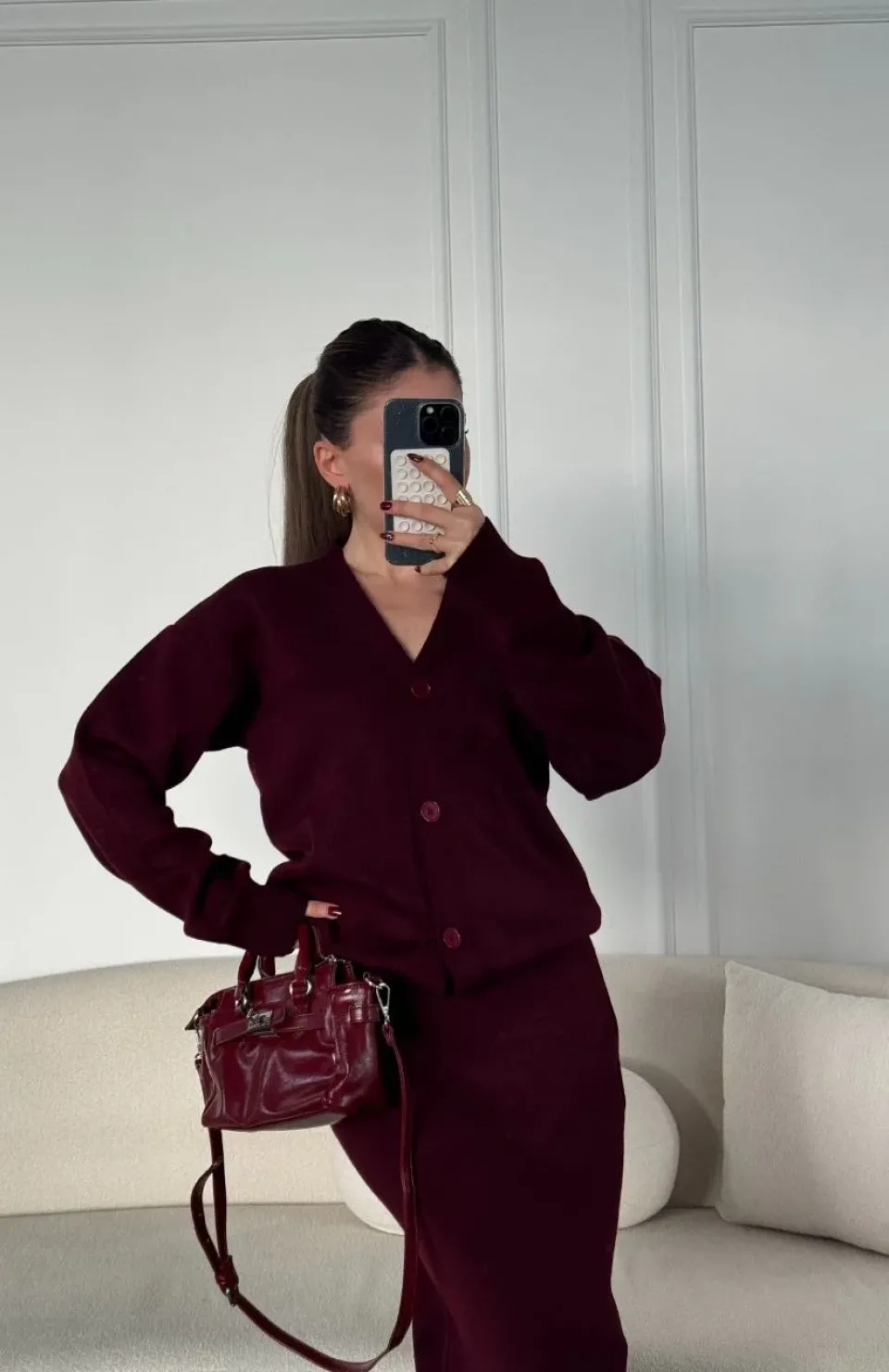 V Yaka 3 Düğmeli Hırka Takım Triko İkili Etekli - Bordo