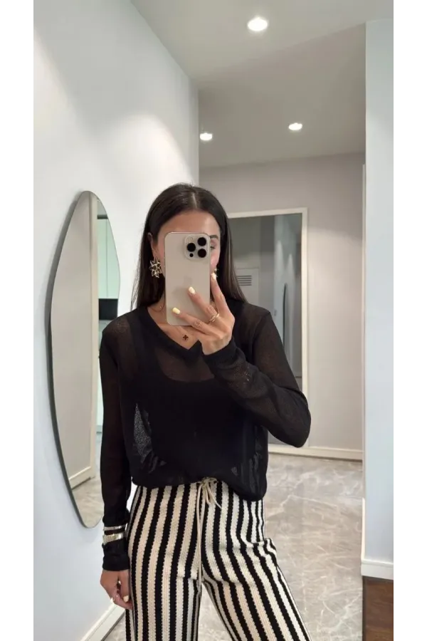 V Yaka uzun Kollu Triko ince Bluz - Siyah