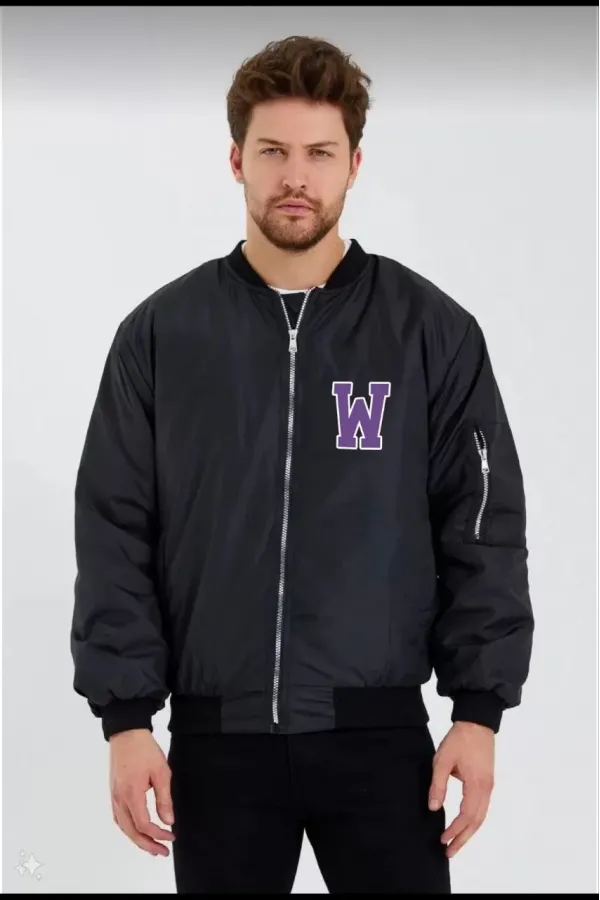 Wild One Baskılı Erkek Bomber Mont – Panter Desenli, Fermuarlı, Kapitone Astarlı Ceket - Siyah