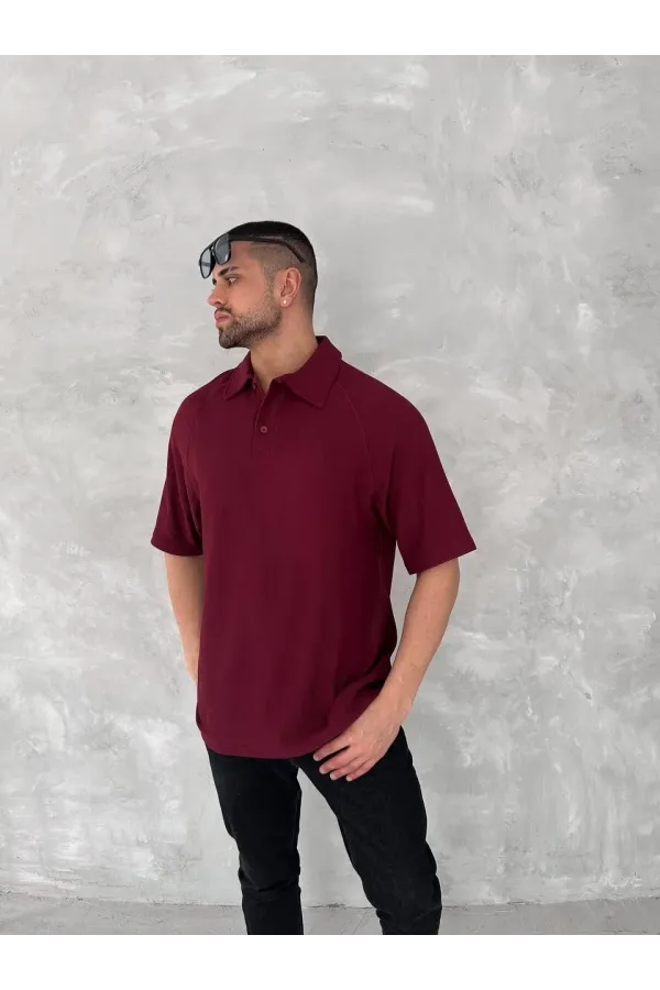 Yakalı Patlı Kısa Kol T-shirt - Bordo