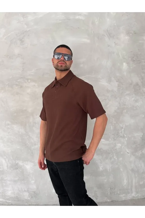Yakalı Patlı Kısa Kol T-shirt - Kahverengi