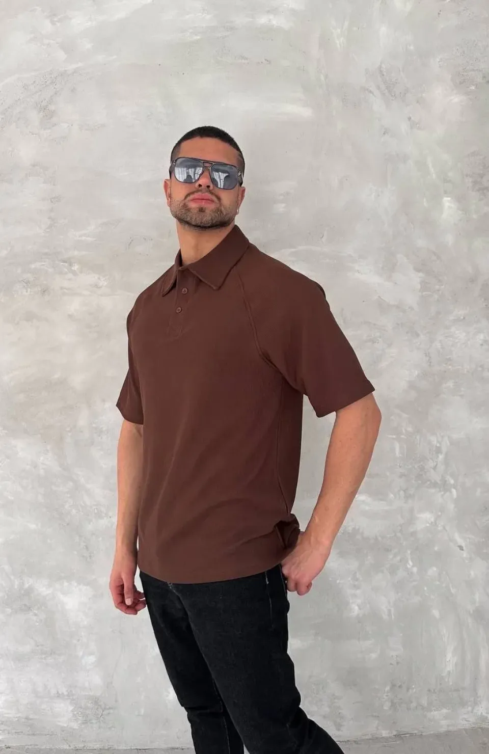 Yakalı Patlı Kısa Kol T-shirt - Kahverengi