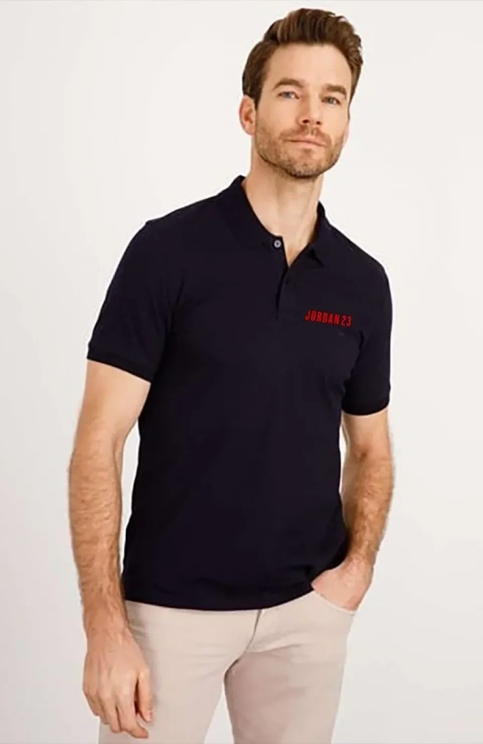 Yakası Düğmeli Yakalı Pike Baskılı T-Shirt - Beyaz