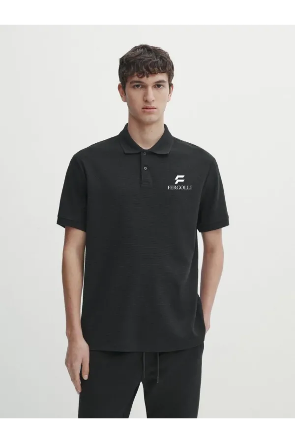 Yakası Düğmeli Yakalı Pike Baskılı T-Shirt - Beyaz