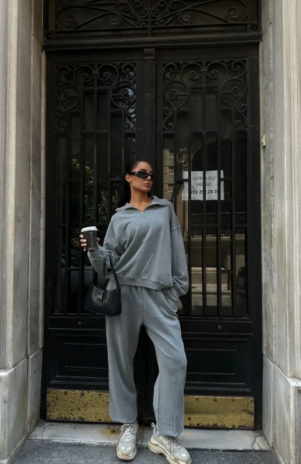 Yıkamalı iki iplik Kumaş Yakalı Fermuarlı Oversize Eşofman Takımı - Gri