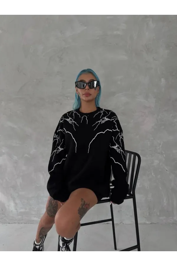 Yıldırım Baskılı Bisiklet Yaka SweatShirt - Siyah