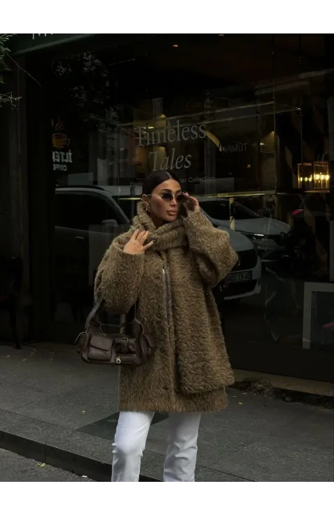 Yün Cıkartılabilen Atkılı ,Kaban İkili Takım- Kahve