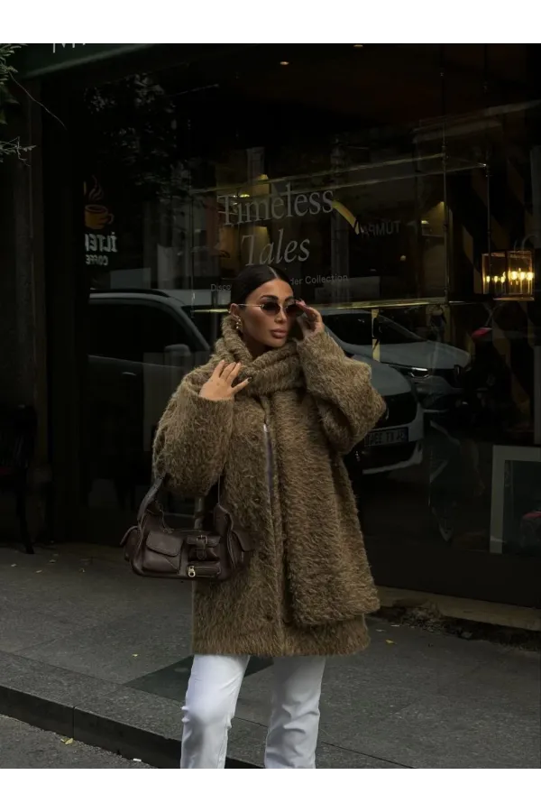 Yün Cıkartılabilen Atkılı ,Kaban İkili Takım- Kahve