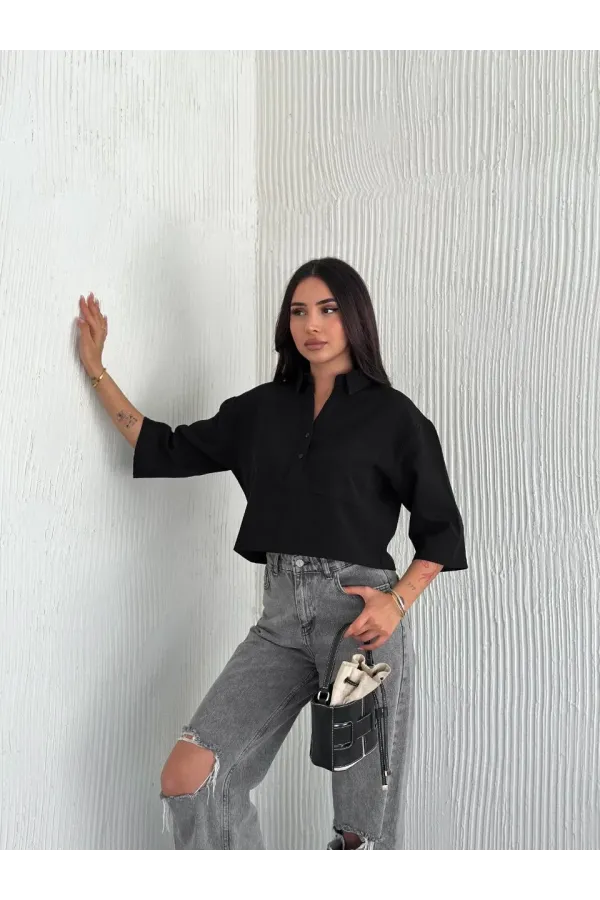 Z Krep Kadın Crop Yakalı Gömlek İlik Düğmeli Üç Çeyrek Sleeve Kol - Siyah